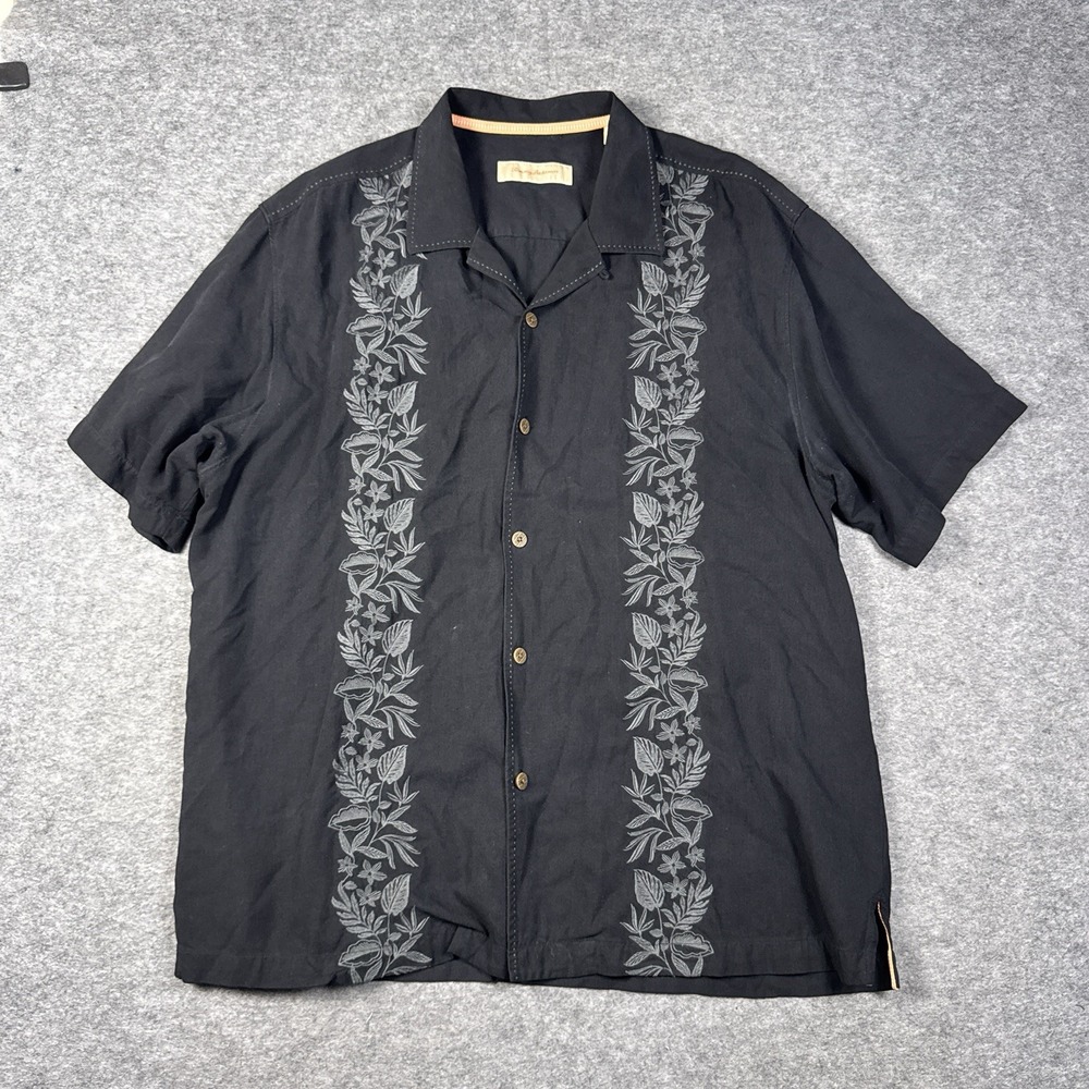 Tommy Bahama Shirt Mens XL Black Embroidered Silk Gray Short Sleeve Floral